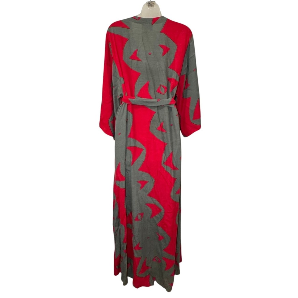 Bel Kazan Bali Wrap Kimono Dress Red Gray Abstract Print S/M Anthropologie - Picture 6 of 9